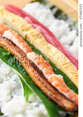 Ehomaki ingredients (tuna, omelet, cucumber, perilla, boiled conger eel, shrimp. Ehomaki ingredients (tuna, omelet, cucumber, perilla, boiled conger eel, shrimp. 97460591
