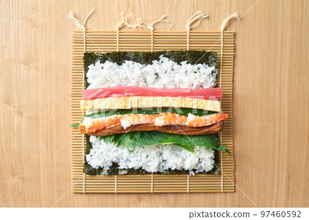 Ehomaki ingredients (tuna, omelet, cucumber, perilla, boiled conger eel, shrimp. Ehomaki ingredients (tuna, omelet, cucumber, perilla, boiled conger eel, shrimp. 97460592