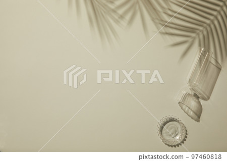 Natural shadow background with glass bottle flower palm trees 97460818