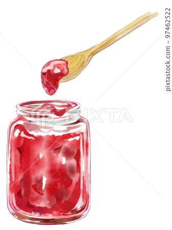 Watercolor illustration of jar and spoon with red jam 97462522