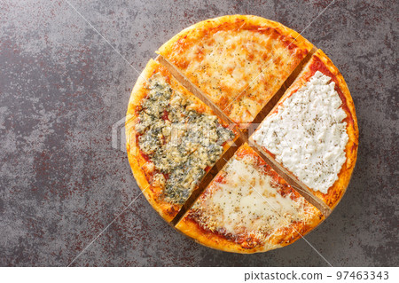Quattro Formaggio Four Cheese Pizza closeup on the wooden board. Horizontal top view 97463343