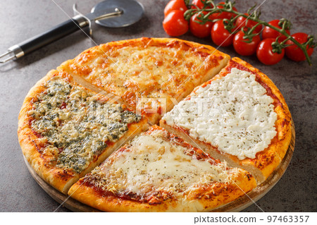 Quattro Formaggio Four Cheese Pizza closeup on the wooden board. Horizontal Quattro Formaggio Four Cheese Pizza closeup on the wooden board. Horizontal 97463357