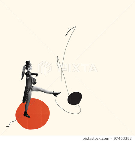 Creative design. Young artistic girl in vintage circus performer costume walking with drums. Announcement 97463392