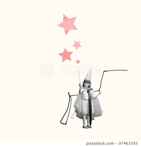 Creative design. Little cute girl, kid, child in image of magical elf performing. Magic and fantasy 97463393