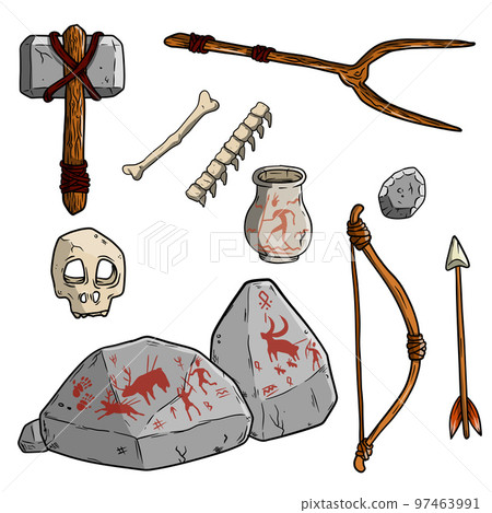 Set of items of primitive man and hunter. Weapons of caveman. Stone age hammer, axe and club. Lifestyle and tool. Cartoon illustration Set of items of primitive man and hunter. Weapons of caveman. Stone age hammer, axe and club. Lifestyle and tool. Cartoon illustration 97463991