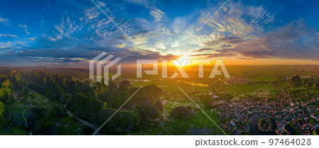 Panorama of Tam coc at sunrise in Vietnam. 97464028