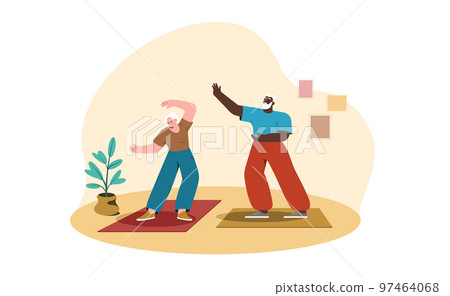 Flat senior man and woman doing yoga at home 97464068