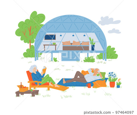 Elderly couple resting on glamping or camping comfortable site, vector isolated. 97464097