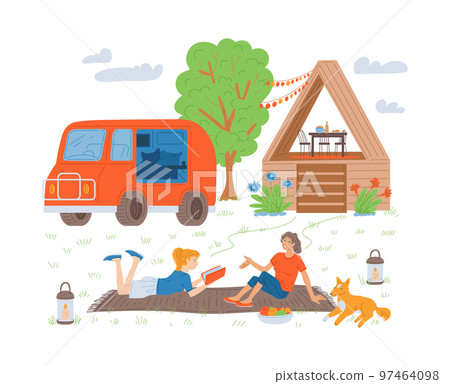 Women enjoy vacation in glamping or camping comfort, flat vector isolated. 97464098