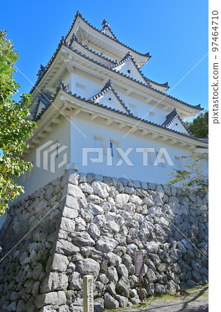 陽光明媚的美濃省大垣城的城堡塔和石牆 97464710