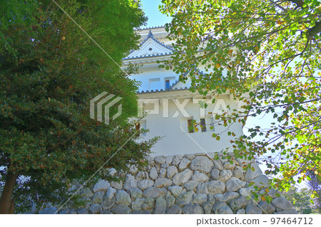 陽光明媚的美濃省大垣城的城堡塔和石牆 97464712