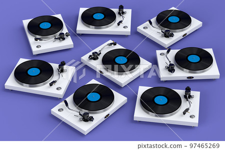 Set of vinyl record player or DJ turntable with retro vinyl disk on violet Set of vinyl record player or DJ turntable with retro vinyl disk on violet 97465269
