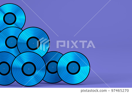 Set of vinyl LP records with label isolated on violet background. 97465270