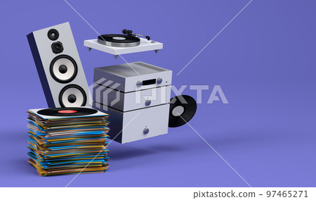 Set of Hi-fi speakers and DJ turntable with vinyl LP record on heap of covers 97465271