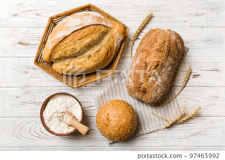 Freshly baked bread on basket against natural background. top view bread copy space 97465992