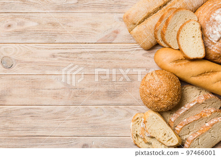 Homemade natural breads. Different kinds of fresh bread as background, top view with copy space 97466001