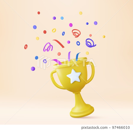 3d prize winner icon with golden cup, gold winners stars with objects floating around 97466010