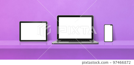 Laptop, mobile phone and digital tablet pc on purple wall shelf. Banner background Laptop, mobile phone and digital tablet pc on purple wall shelf. Banner background 97466872