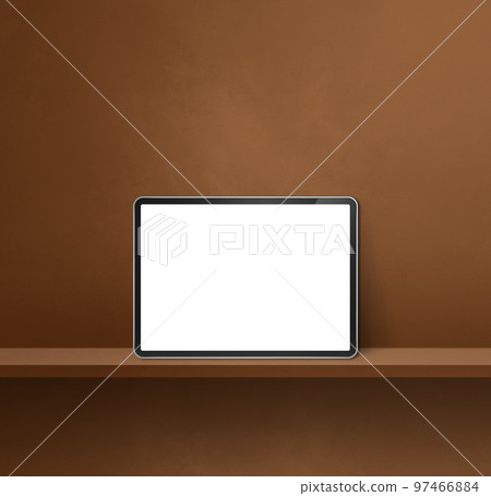 Digital tablet pc on brown wall shelf. Square background banner Digital tablet pc on brown wall shelf. Square background banner 97466884