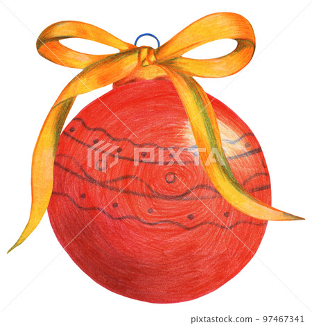 Christmas Red Bauble with Yellow Ribbon Isolated on White Background. Symbol of Happy New Year, Xmas Holiday celebration, Winter. Hand-drawn Pencil Illustration. 97467341