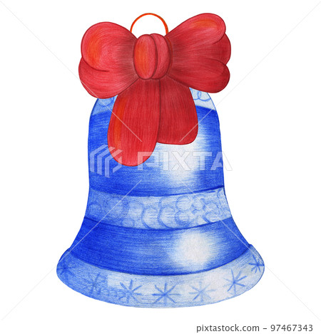 Christmas Bell with Red Ribbon. Blue Bell Decoration Isolated on White Background. Symbol of Happy New Year, Xmas Holiday celebration, Winter. Hand-drawn Pencil Illustration. 97467343