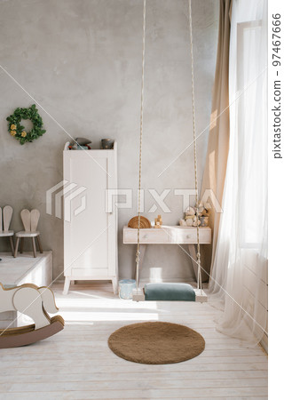 Modern interior of a children's bedroom. Wardrobe, chest of drawers and toys 97467666