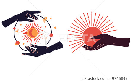 Hands with celestial mystical symbols set of magic. Spiritual boho logo, design elements with moon, plant, sun. Black silhouette of woman arms isolated on white. Vector illustration 97468451