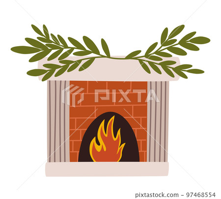 Christmas fireplace. Home fireplaces with socks, stockings, gifts, candles, firs and Xmas decoration. Warm cozy hearths with winter holiday decor. Flat vector illustrations isolated on white 97468554