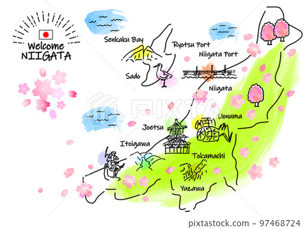 Simple line drawing illustration map of tourist spots in Niigata Prefecture in spring (green) 97468724