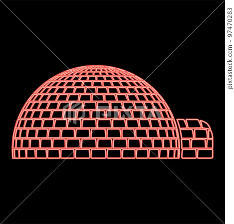 Neon igloo dwelling with icy cubes blocks Place when live inuits and eskimos Arctic home Dome shape red color vector illustration image flat style Neon igloo dwelling with icy cubes blocks Place when live inuits and eskimos Arctic home Dome shape red color vector illustration image flat style 97470283