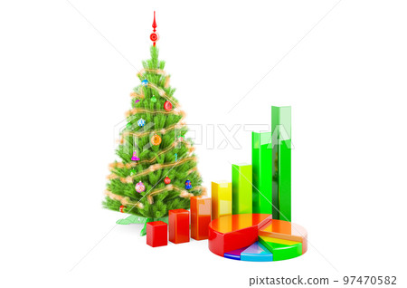 Christmas tree with growth bar graph and pie chart, 3D rendering 97470582