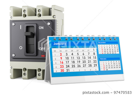 Circuit breaker with desk calendar, 3D rendering 97470583