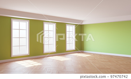 Beautiful Sunny Interior with Light Green Walls, Three Large Windows Beautiful Sunny Interior with Light Green Walls, Three Large Windows 97470742