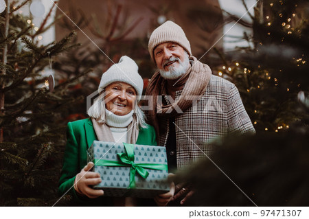 Happy senior couple enjoying christmas market, buying gifts and christmas tree. 97471307