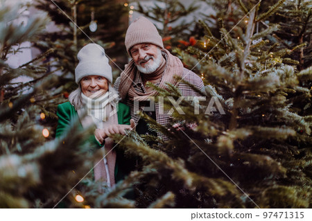 Happy senior couple enjoying christmas market, buying christmas tree. 97471315
