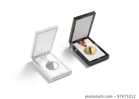 Blank gold and silver medal in bwood box mockup, isolated Blank gold and silver medal in bwood box mockup, isolated 97471812