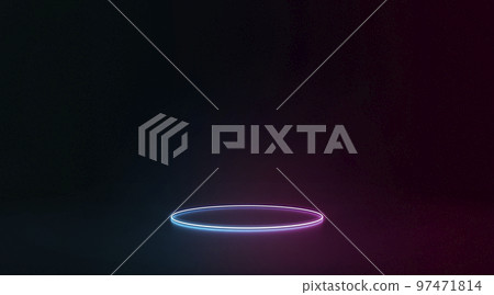 Neon colored glowing circle frame lying in darkness Neon colored glowing circle frame lying in darkness 97471814