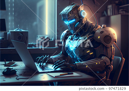 Humanoid robot, artificial intelligence working at his computer, futuristic concept. Humanoid robot, artificial intelligence working at his computer, futuristic concept. 97471829