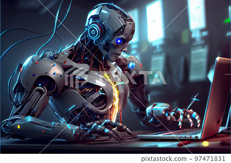 Humanoid robot, artificial intelligence working at his computer, futuristic concept. 97471831