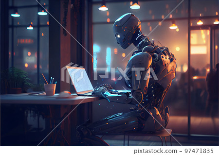 Humanoid robot, artificial intelligence working at his computer, futuristic concept. 97471835