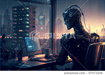 Humanoid robot, artificial intelligence working at his computer, futuristic concept. Humanoid robot, artificial intelligence working at his computer, futuristic concept. 97471836