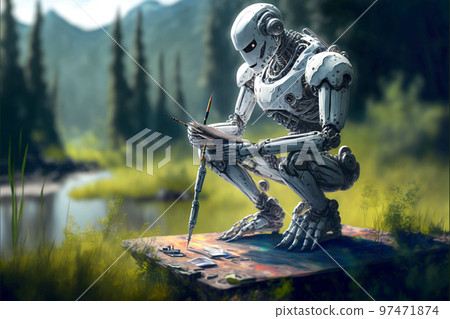 Artificial Inteligence, humaniod robot creating images, futuristic concept. 97471874