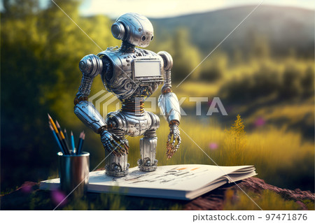Artificial Inteligence, humaniod robot creating images, futuristic concept. Artificial Inteligence, humaniod robot creating images, futuristic concept. 97471876
