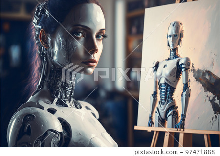 Artificial Inteligence, humaniod robot creating images, futuristic concept. 97471888