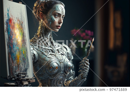 Artificial Inteligence, humaniod robot creating images, futuristic concept. Artificial Inteligence, humaniod robot creating images, futuristic concept. 97471889