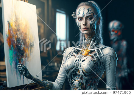 Artificial Inteligence, humaniod robot creating images, futuristic concept. Artificial Inteligence, humaniod robot creating images, futuristic concept. 97471900