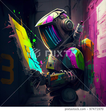 Futuristic robot, artificial inteligence painting an image. Futuristic robot, artificial inteligence painting an image. 97471970