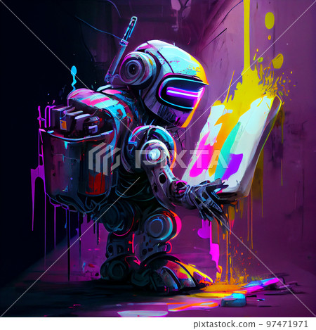 Futuristic robot, artificial inteligence painting an image. Futuristic robot, artificial inteligence painting an image. 97471971