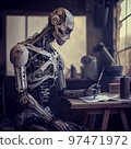 Artificial Inteligence, humaniod robot drawing, futuristic concept. 97471972