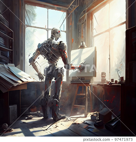 Artificial Inteligence, humaniod robot creating images, futuristic concept. Artificial Inteligence, humaniod robot creating images, futuristic concept. 97471973